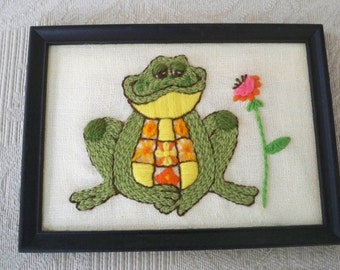 Vintage Home Decor Wall Hanging Hand Stitched Frog Framed