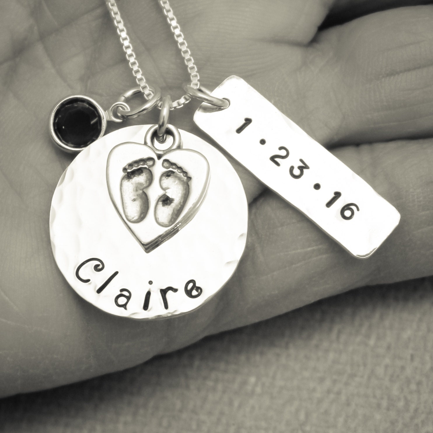 Sterling Silver  New Mommy Necklace with Footprint Charm Personalized Hand Stamped Jewelry