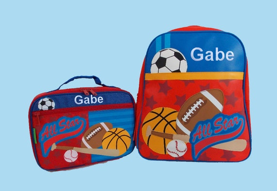 Child's Personalized Stephen Joseph GoGo NEW STYLE SPORTS Themed Backpack and Lunchbox School Set-Monogramming Included In Price