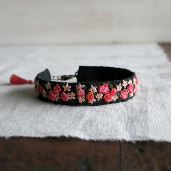Pink Garden Cuff Bracelet Pink Flowers Hand Embroidered on