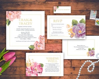 Square Modern Floral Wedding Invitation Set