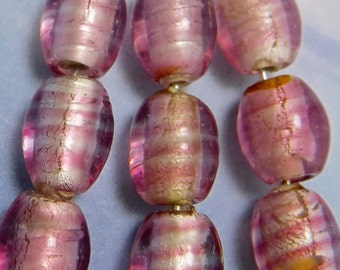 6 pcs Pink Foil Glass Beads Lamp Work 12x8 mm B-196 light