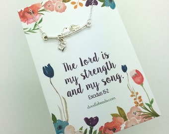 Birds on Branch Necklace- tiny silver birds necklace - choose carded The Lord is my strength and my song or in a silver gift box