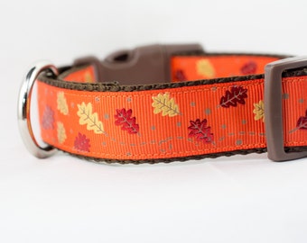 Fall Dog Collar - Fall Leaves Dog Collar- Halloween Dog Collar- 1 inch wide - buckle or martingale collar - Thanksgiving dog collar - Orange