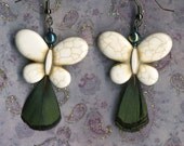 Butterfly Earrings - White Earrings with Peacock Feather - Feather Earrings Butterfly Earrings - White Earrings with Peacock Feather - Feather Earrings