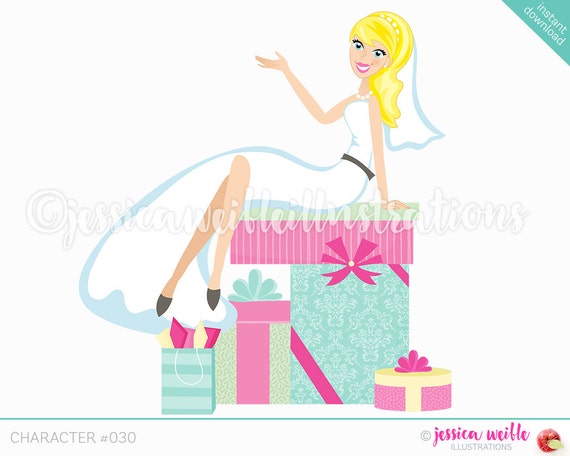 Glowing Blonde Bride on Gifts Character Illustration, Bride Sitting on Presents, Gifts, Damask, Weddings, Invitation Design C030 Il_570xn