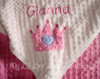 Personalized baby blanket minky- princess crown baby blanket- light pink and hot pink- 30x35 stroller blanket- with name baby blanket