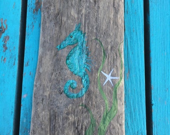 Hand Painted Rustic Maine Driftwood Seahorse, Wall Art Sign, Bathroom Art, Coastal Beach Cottage, Nautical Home Decor