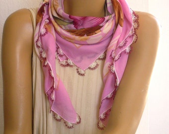 Pink scarf with needle lace trim, turkish oya, tulip