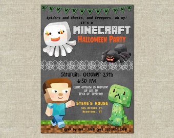 Minecraft Birthday Party Invitation,kids Halloween invitation, child's Halloween birthday invite, creeper party, Minecraft theme, Steve