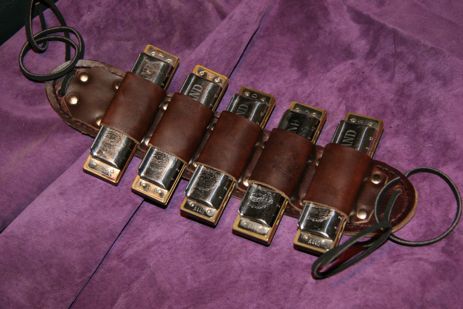 5 Harmonica mic stand Holder Leather Burgundy Harmonica
