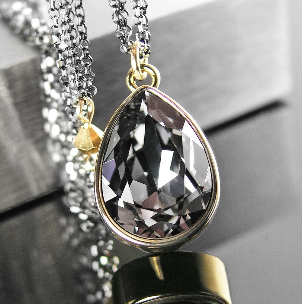 Dark Silver Grey Crystal Necklace Sterling Silver Chain