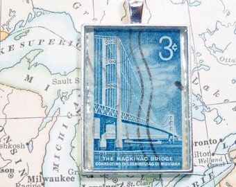 Vintage Michigan Mackinac Bridge United States 3 Cent Stamp Necklace Pendant Key Ring