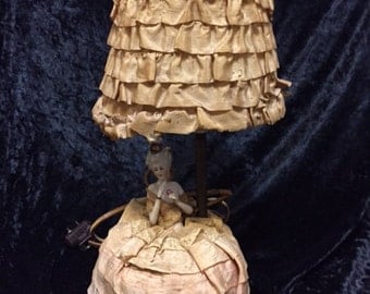 Incredible antique boudoir Lamp Silk and Ribbon Work Shade, Porcelain Doll in silk skirt (FFs5003)