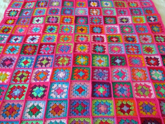 PINK Fusion Granny Squares Afghan Blanket Bright Vivid Crochet