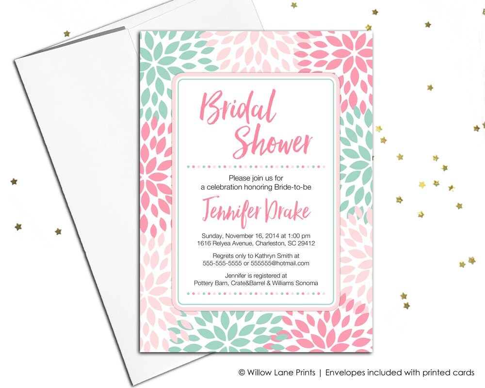 printable bridal shower invitations mint pink wedding shower