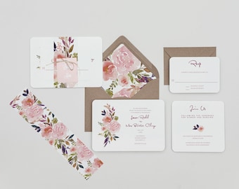 Rustic Mauve and Blush Floral Wedding Invitations Set ,Country Floral Wedding Invitations,Winter Floral Wedding Invites, Fall Floral Wedding