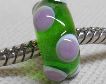 Handmade Large Hole Lampwork Bead European Charm Bracelet Bead, Transparent Green With White and Purple Raised Dots