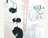 Happy Holidays Abstract Painting on Wood-Claybord -18x24x2"-Organic Shapes- Deep Contrasts- White-Black -Pale Off- Whites-Light pink-Bit of