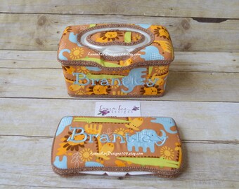 Set of 2, Large Nursery Wipe Case and Travel Baby Wipe Case, Safari Animals Baby Shower Gift Set, Wipe Holder, Large Tub Case, Small Case