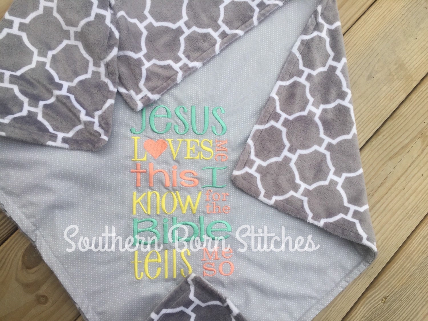 Baby blanket Jesus Loves Me embroidered with minky side