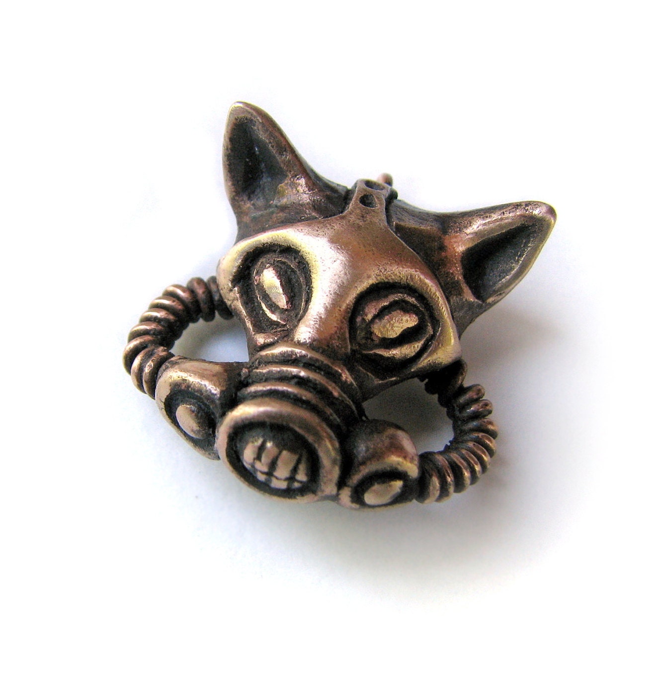 Bronze cat gas mask pendant