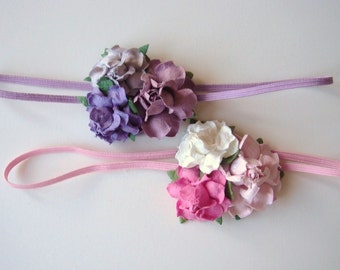 Small Flowers on Skinny Headband - Set of Two Headbands - Pink Ivory Purple Lilac Lavender - Newborn Photo Prop Headband - Baby Headband
