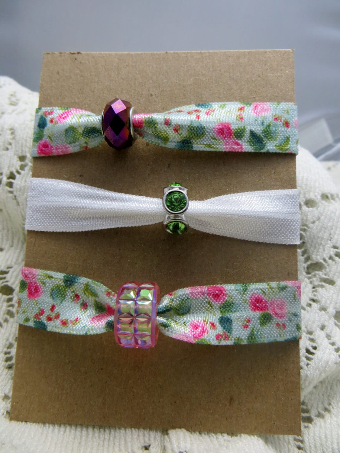 Elastic Hair Ties with Beads Set of Three Handmade Shabby