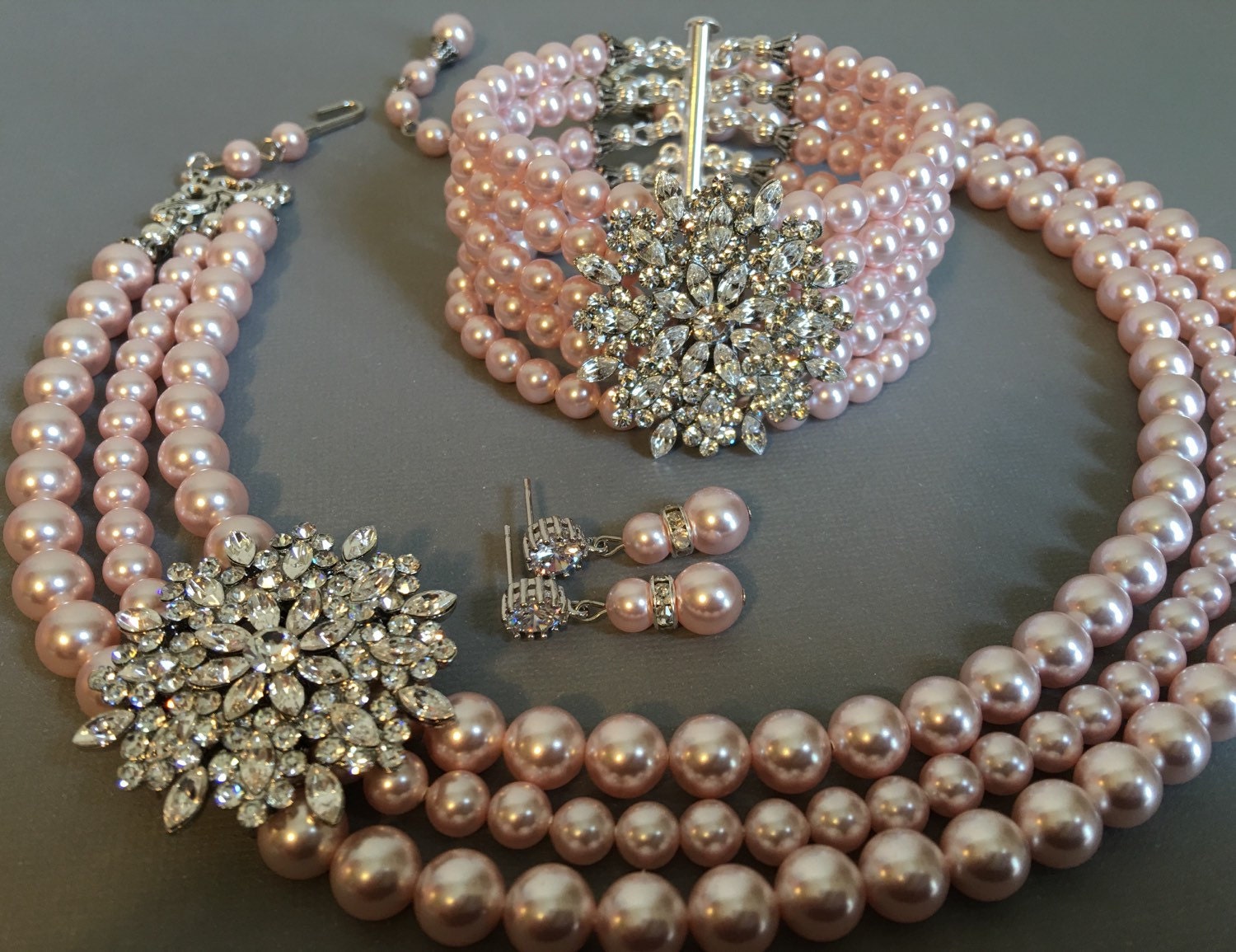 Complete Bridal Jewelry Set Blush Pink Pearl Necklace Bracelet