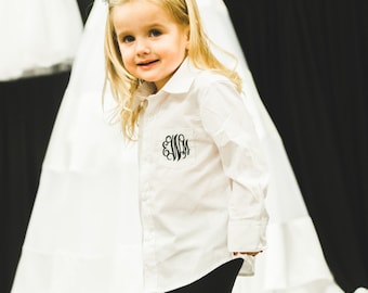 Monogrammed flower girl shirt, child's monogrammed button down shirt, bridal party, wedding day flower girl getting ready shirt.