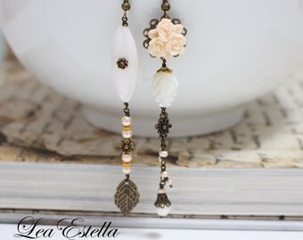 Asymmetrical Earrings Peach Floral earrings Mismatched earrings Ivory pearl earrings Grecian earrings Greek goddess - Roman Princess