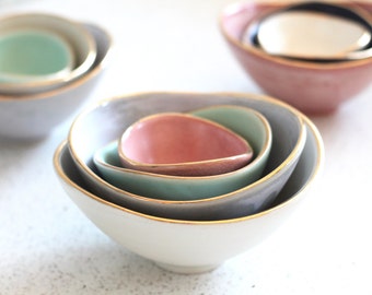 Mini Nesting Bowls - Gold Rim - White, Charcoal, Sea foam, Salmon - set of 4