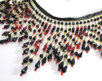 Sultry Nights Black and Dark Red 5.5 inch Long Beaded Fringe Decorator Trim