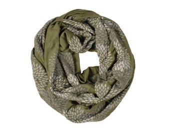 INFINITY SCARF - Screen Printed - Gray Flowers on Army Green