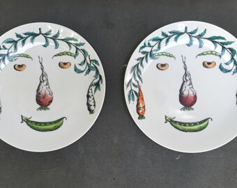 Piero Fornasetti Style Verdure Plates, Pair