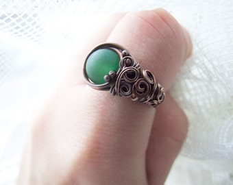 Green Agate Ring, Natural Woodland Copper Ring with Green Agate