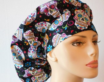 Scrub Hats Bouffant Surgical Scrub Hat -Folkloric Skulls and Flowers All Over Scrub Hat Medical Scrub Hat