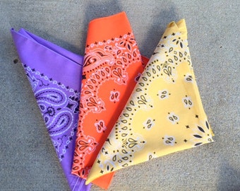 Vintage BANDANA SET of 3 Scarf....colorful. rainbow. hipster. retro scarf. 1980s. mod. head. neck. groovy. bright. bold. bandana. pastel
