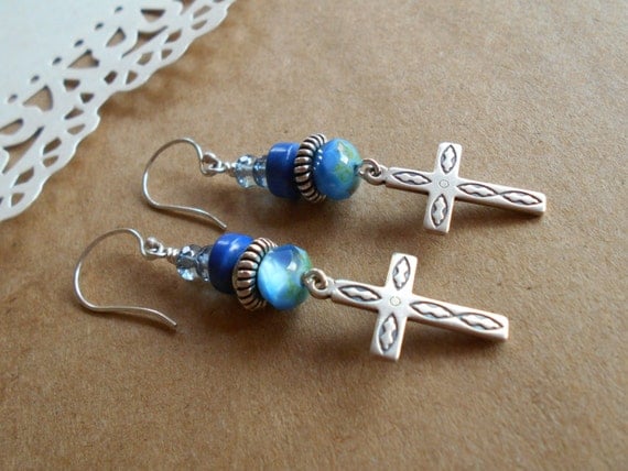 Sterling Silver Blue Beaded Christian Cross Faceted Czech Dangle Drop Rondelle Southwest Country Chic Blue-Jean Earrings