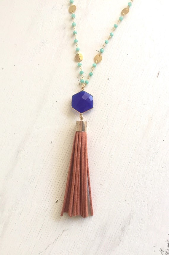 Long Gold Tassel Necklace in Blue Orange and Cream. by RusticGem