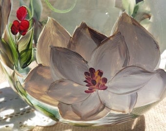 Hand painted magnolia glass bowl, magnolia vase, painted vase, glass vase