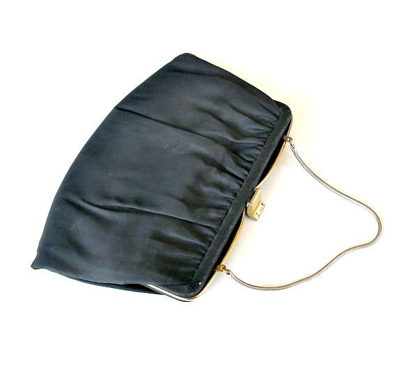 Vintage Evening Bag. Black Satin Clutch. Black Cocktail