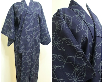 Japanese Vintage Kimono. Textured Weave Navy Blue Geometric Star Robe (Ref: 1151)