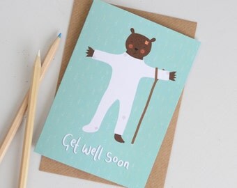 SALE Get Well Soon Card, Sorry You're Ill Greetings Card, Bear Card, Get Well Card, Sorry Card, Hand Lettered Card, Bear Illustration