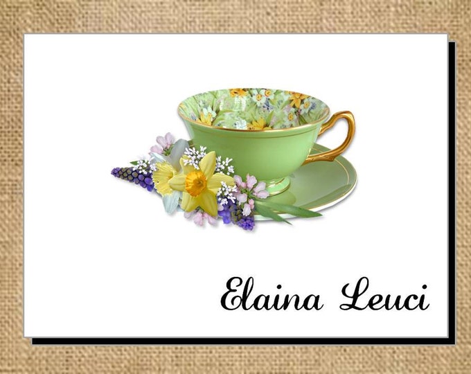 Beautiful Personalized Green Spring Tea Note Cards - Invitations - Thank You Cards