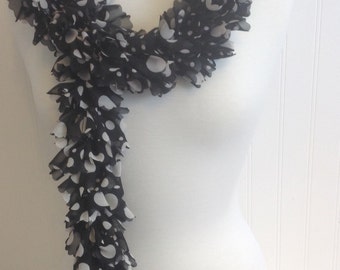 Fabric Sassy Hand Knit Ruffled Scarf Black With White Dots