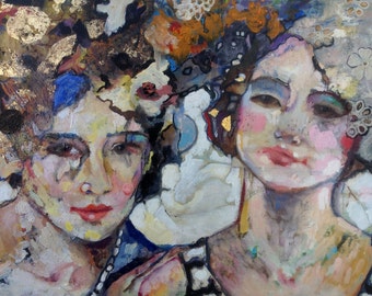 Limited Edition, hand painted Print, Mixed Media portrait Print of two women in Gold and Lace " Femmes" 11"x14"