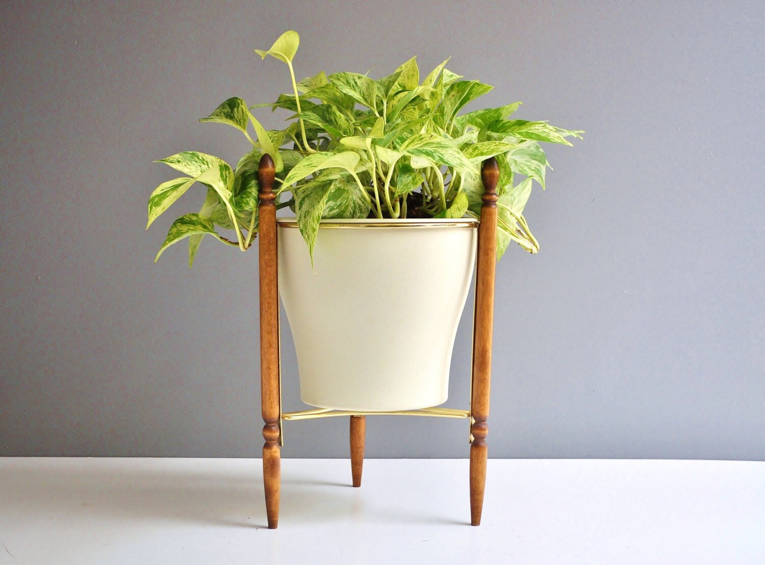 Wood and Brass Tripod Plant Stand with Planter Vintage Plant