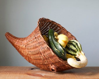 Vintage Woven Cornucopia Basket — Horn of Plenty Holiday Thanksgiving Centerpiece