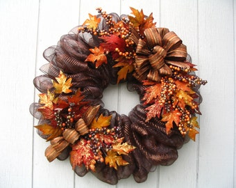 Luxurious Brown Metallic Deco Mesh Fall Wreath Door or Wall Decor